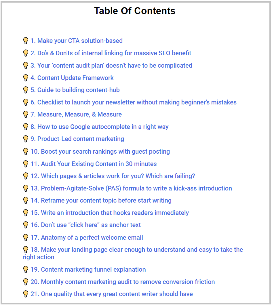Content marketing tips TOC